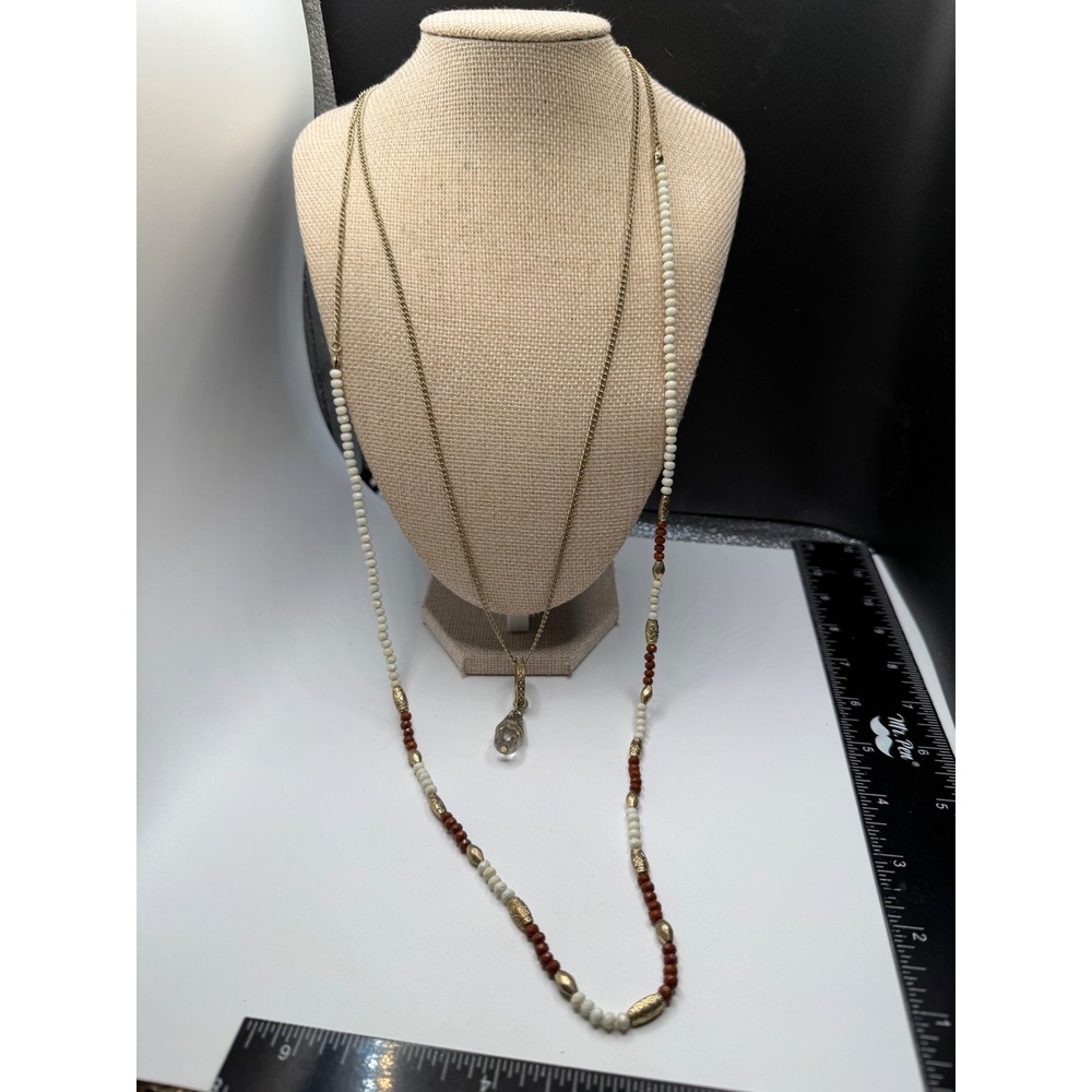 Boho Layered Beaded Necklace Gold Tone Crystal Pendant Cream Terracotta‎ Long